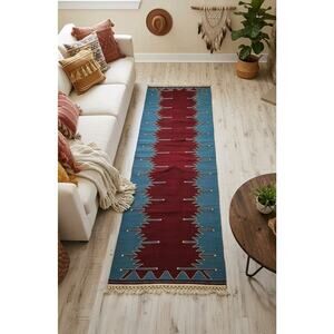 Hand Woven Navajo Wool Rug Turkish Kilim Dhurrie Afghan Southwest Runner 8'x2'